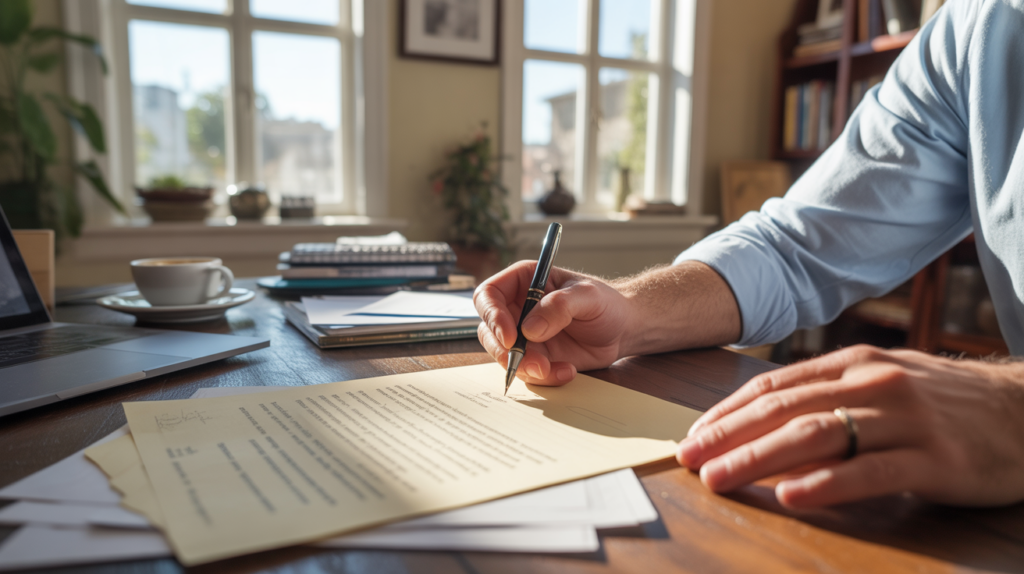 Une personne réaliste écrit une lettre de recommandation sur un bureau en bois éclairé par la lumière naturelle, avec des détails authentiques et une ambiance professionnelle chaleureuse.